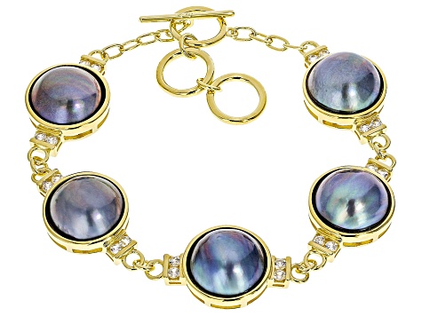 Platinum Cultured South Sea Mabe Pearl and White Zircon 18k Yellow