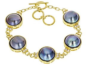 Platinum Cultured South Sea Mabe Pearl and White Zircon 18k Yellow Gold Over Silver Bracelet