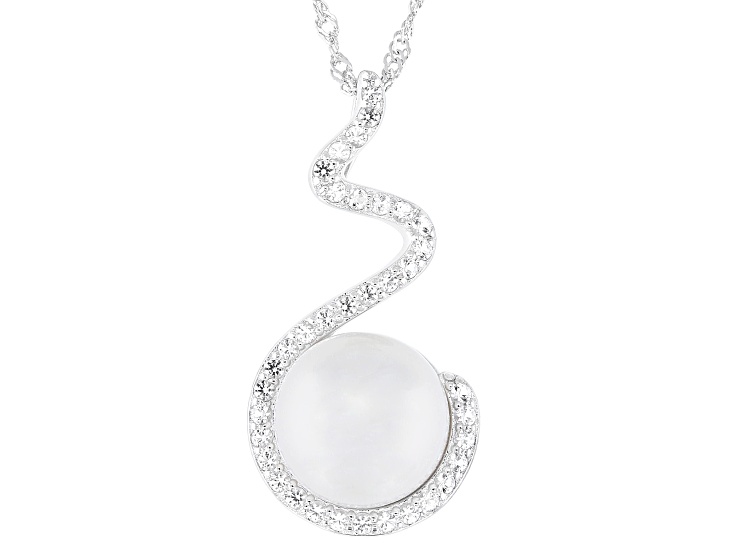 White Cultured Freshwater Pearl With White Topaz Rhodium Over Sterling Silver Pendant With Chain