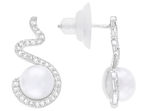 White Cultured Freshwater Pearl With White Topaz Rhodium Over Sterling Silver Earrings