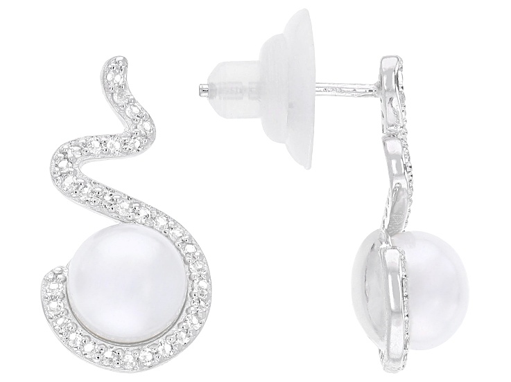 White Cultured Freshwater Pearl With White Topaz Rhodium Over Sterling Silver Earrings