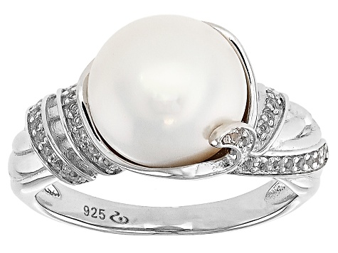 White Cultured Freshwater Pearl with White Topaz Rhodium Over Sterling Silver Ring