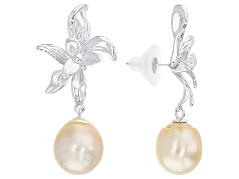 Golden Cultured South Sea Pearl Rhodium Over Sterling Silver Earrings