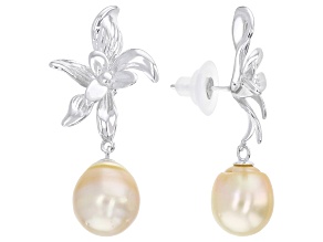Golden Cultured South Sea Pearl Rhodium Over Sterling Silver Earrings