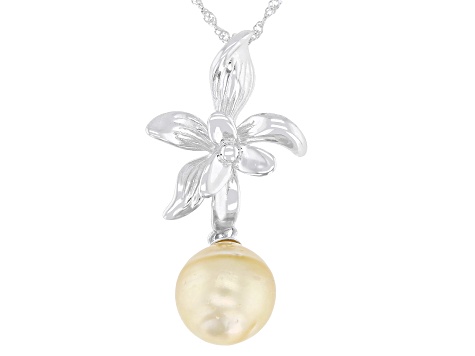 Golden Cultured South Sea Pearl Rhodium Over Sterling Silver Pendant With Chain