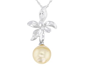 Golden Cultured South Sea Pearl Rhodium Over Sterling Silver Pendant With Chain