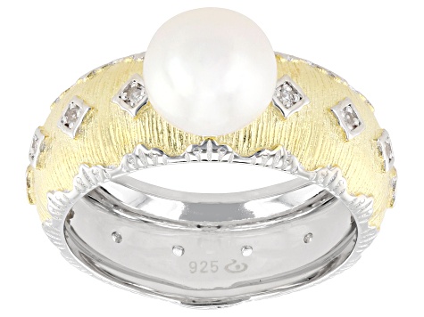 White Cultured Freshwater Pearl With Topaz Rhodium & 18k Yellow Gold Over Sterling Silver Ring