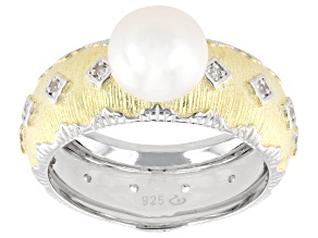 White Cultured Freshwater Pearl With Topaz Rhodium & 18k Yellow Gold Over Sterling Silver Ring