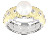 White Cultured Freshwater Pearl With Topaz Rhodium & 18k Yellow Gold Over Sterling Silver Ring