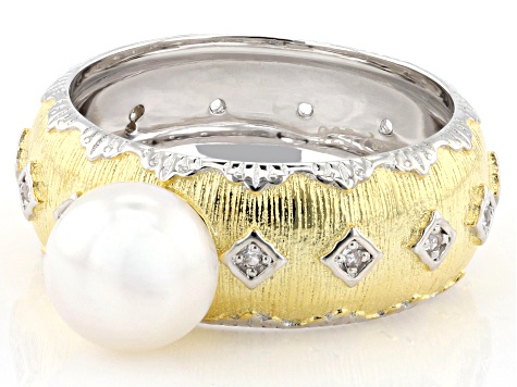 White Cultured Freshwater Pearl With Topaz Rhodium & 18k Yellow Gold Over Sterling Silver Ring