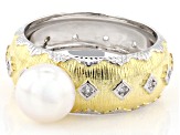 White Cultured Freshwater Pearl With Topaz Rhodium & 18k Yellow Gold Over Sterling Silver Ring