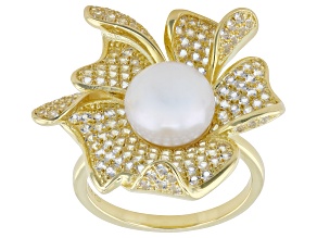 White Cultured Freshwater Pearl With White Topaz 18k Yellow Gold Over Sterling Silver Ring
