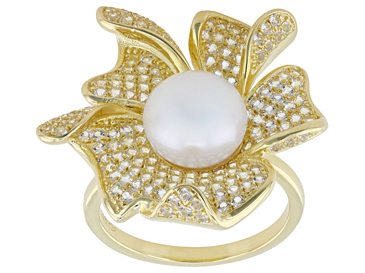 White Cultured Freshwater Pearl With White Topaz 18k Yellow Gold Over Sterling Silver Ring