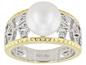 White Cultured Freshwater Pearl With White Topaz Rhodium & 18k Gold Over Sterling Silver Ring