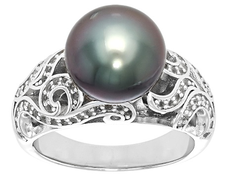 Cultured Tahitian Pearl With White Topaz Rhodium Over Sterling Silver Ring