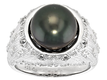 Picture of Cultured Tahitian Pearl With White Topaz Rhodium Over Sterling Silver Ring