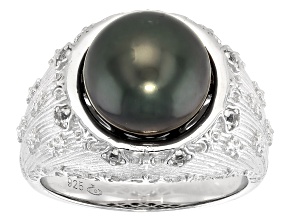 Cultured Tahitian Pearl With White Topaz Rhodium Over Sterling Silver Ring