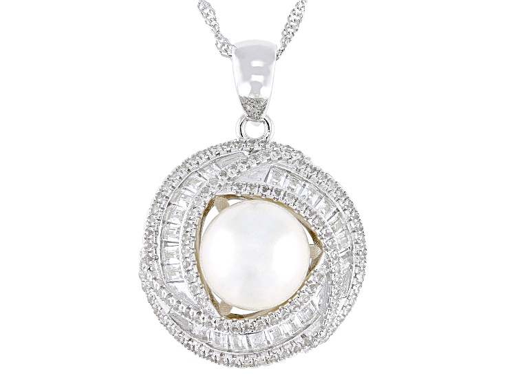 Candlelight Cultured South Sea Pearl With Topaz Rhodium Over Sterling Silver Pendant with Chain