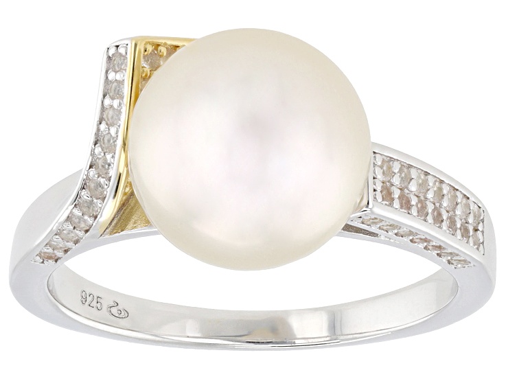 Candlelight Cultured South Sea Pearl With White Topaz Rhodium & 18k Gold Over Sterling Silver Ring