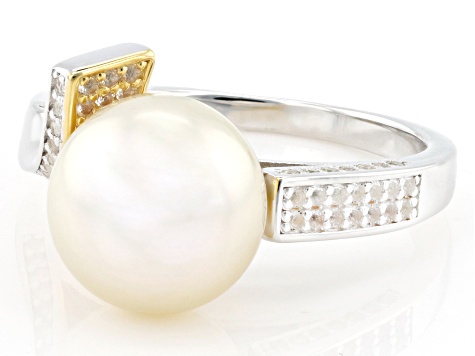 Candlelight Cultured South Sea Pearl With White Topaz Rhodium & 18k Gold Over Sterling Silver Ring