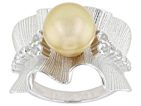 Golden Cultured South Sea Pearl With White Topaz Rhodium Over Sterling Silver Ring