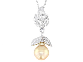 Golden Cultured South Sea Pearl With White Topaz Rhodium Over Sterling Silver Pendant with Chain