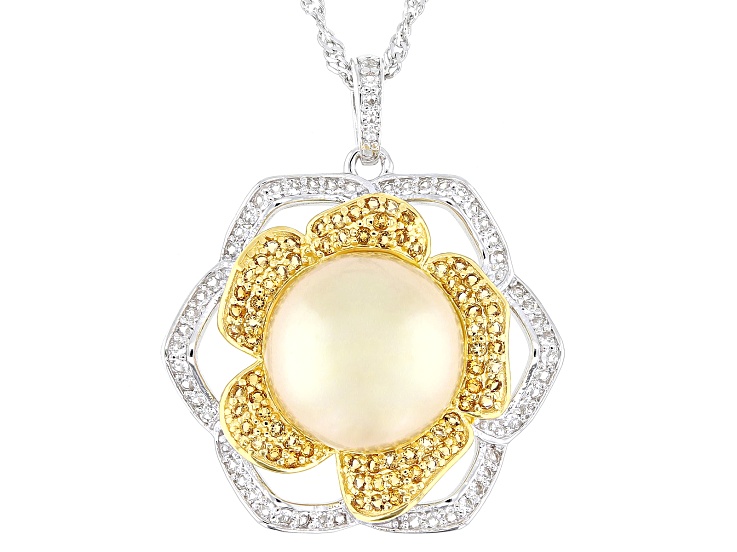 Golden Cultured South Sea Pearl With White Topaz & Citrine Rhodium Over Silver Pendant With Chain