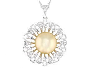 Golden Cultured South Sea Pearl With White Topaz Rhodium Over Sterling Silver Pendant With Chain