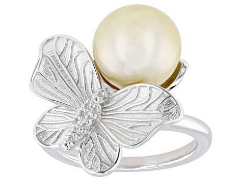 Golden Cultured South Sea Pearl With White Topaz Rhodium Over Sterling Silver Ring