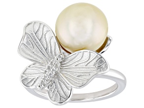 Golden Cultured South Sea Pearl With White Topaz Rhodium Over Sterling Silver Ring