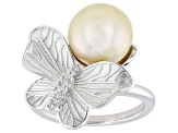 Golden Cultured South Sea Pearl With White Topaz Rhodium Over Sterling Silver Ring