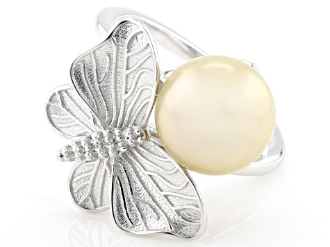 Golden Cultured South Sea Pearl With White Topaz Rhodium Over Sterling Silver Ring