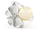 Golden Cultured South Sea Pearl With White Topaz Rhodium Over Sterling Silver Ring