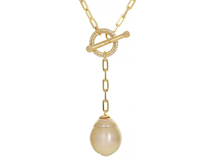 Golden Cultured South Sea Pearl With White Zircon 18k Gold Over Sterling Silver 18 Inch Necklace