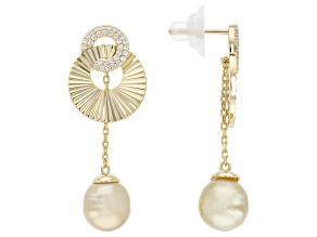 Golden Cultured South Sea Pearl With White Zircon 18k Yellow Gold Over Sterling Silver Earrings