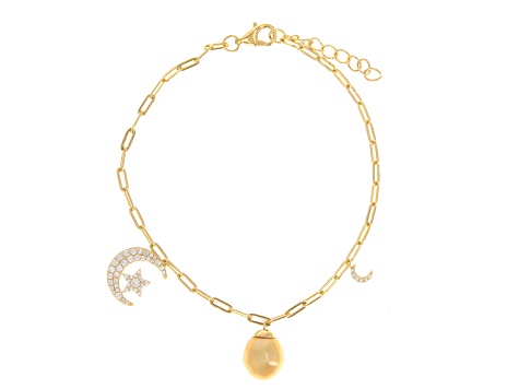 Golden Cultured South Sea Pearl With White Zircon 18k Yellow Gold Over Sterling Silver Bracelet