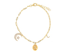 Golden Cultured South Sea Pearl With White Zircon 18k Yellow Gold Over Sterling Silver Bracelet