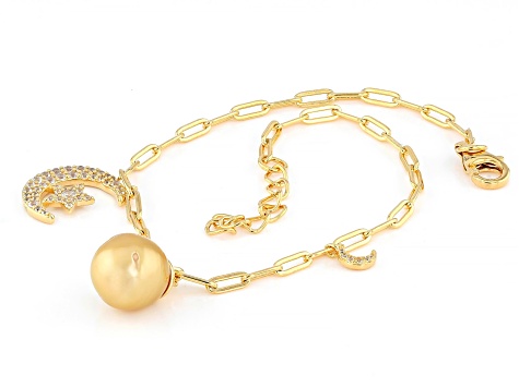 Golden Cultured South Sea Pearl With White Zircon 18k Yellow Gold Over Sterling Silver Bracelet