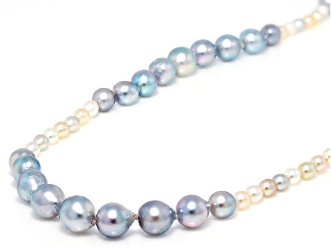 Multi-Color Cultured Japanese Akoya Pearl Rhodium Over Sterling Silver 36 Inch Strand Necklace