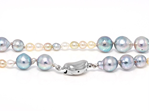 Multi-Color Cultured Japanese Akoya Pearl Rhodium Over Sterling Silver 36 Inch Strand Necklace