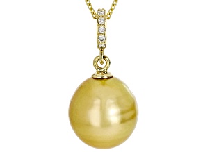 Golden Cultured South Sea Pearl With White Diamond Accent 14k Yellow Gold Pendant With Chain