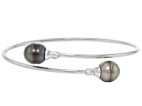 Cultured Tahitian Gambier Pearl Rhodium Over Sterling Silver Bangle