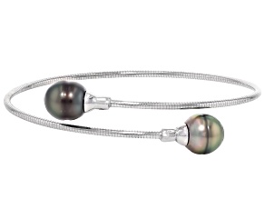 Cultured Tahitian Gambier Pearl Rhodium Over Sterling Silver Bangle