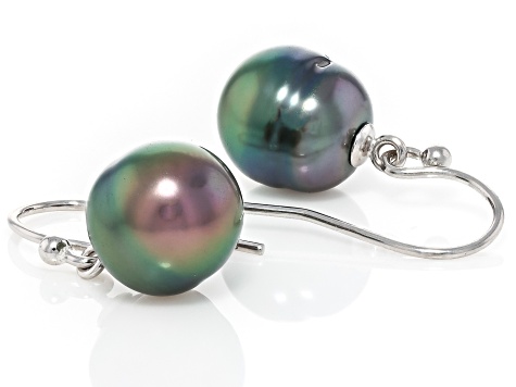 Cultured Tahitian Gambier Pearl Rhodium Over Sterling Silver Earrings