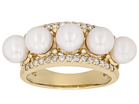 White Cultured Japanese Akoya Pearl With Moissanite 18k Yellow Gold Over Sterling Silver Ring