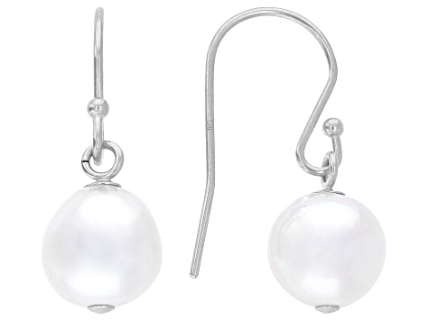 White Cultured Japanese Akoya Pearl Rhodium Over Sterling Silver Earrings