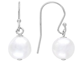 White Cultured Japanese Akoya Pearl Rhodium Over Sterling Silver Earrings