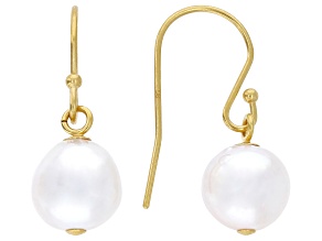 White Cultured Japanese Akoya Pearl 14k Yellow Gold Over Sterling Silver Earrings