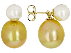 Golden Cultured South Sea & Cultured Japanese Akoya Pearl 14k Yellow Gold Earrings