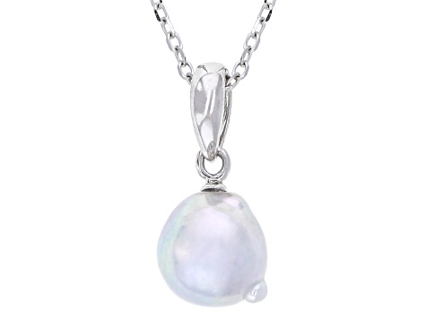 Platinum Cultured Japanese Akoya Pearl rhodium Over Sterling Silver Pendant With Chain